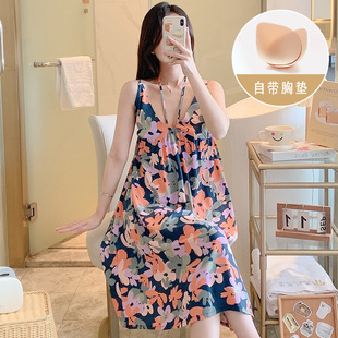 New Style Cotton Silk Nightdress Women's Summer Sexy Sweet Sling Cotton Silk Thin Atmospheric Fashion Anti-bump Dress with Chest Pad