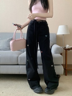 Embroidered Bow Retro Loose Wide-leg Pants Women's Western Pants Spring and Summer Thin High Waist Lace-up Straight Tooling Pants