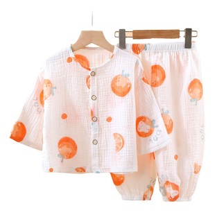 Summer Children's Thin Cotton Yarn Pajamas Boys and Girls Double-Layer Pure Cotton Air-conditioning Clothing Baby's Long-Sleeved Trousers Home Clothes