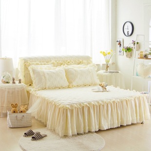 K-style Lace Princess Style Bed Skirt Quilted Bedspread Three-piece Set Bed Dust Cover Wedding Pink 2.18m