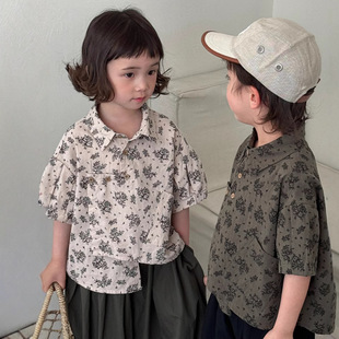 Jiaye Children's 2025 Children's Summer New Floral Short-sleeved Shirt for Boys and Girls Baby Mori Retro Shirt Cardigan