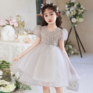 Blue Children's Dress Summer Girl's Mesh Pontoon Dress Elsa Princess Dress Violin Piano Performance Dress Flower Girl