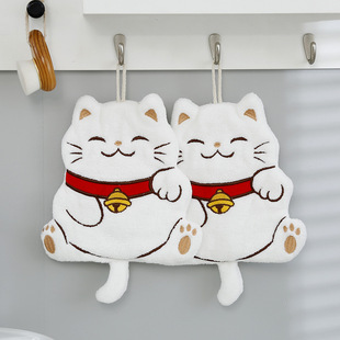 Coral fleece lucky cat hanging embroidered towel handkerchief cartoon children's bathroom small towel wholesale custom