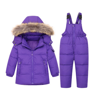 Cross-border exclusive for children with detachable hooded fur collar warm ski suit jacket + suspenders
