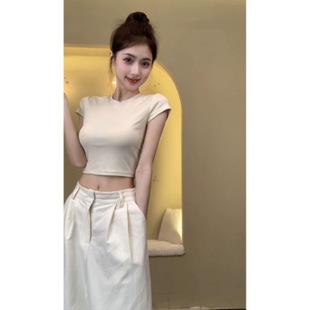 Pure Shoulder Short-sleeved T-shirt Women's 2024 Summer Design Sense Niche Sexy Spice Girls Backless Drawstring Short Top