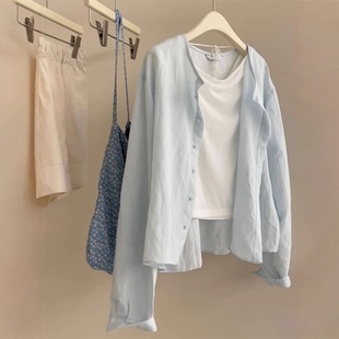 Blue Long-sleeved Cotton and Linen Sunscreen Shirt Women's Spring and Autumn New High-end Sense Outer Blouse Loose Shirt Coat Top