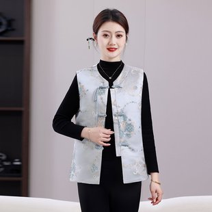 Chinese Style Collar Tang Style Vest Jacket Women's Spring Retro Outer Wearing Vest for Middle-aged and Elderly Mothers Spring and Autumn