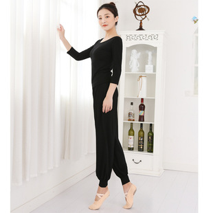 Qiu Shi Yu Dance Practice Dress Female Adult Art School Black Modal Crewneck Dancing Dress Loose Bloomers Set