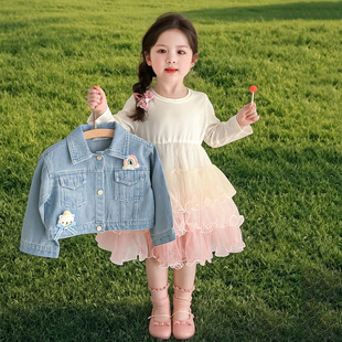 Girls' dress Spring 2025 New Children's Denim Mesh Princess Dress suit Dress Baby Girls' Pontoon Dress