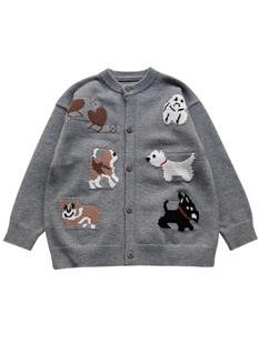 Children's Cute Puppy Jacquard Cardigan Sweater Tide Autumn and Winter 2024 New Style Middle and Large Children's Knitwear Top Children's Wear
