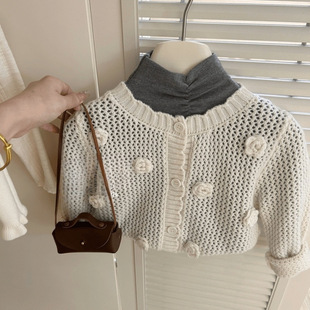 Girls' 2024 Autumn and Winter New Arrival White Flower Cardigan Sweater Baby Girls' Grey Fur-Edge Trousers