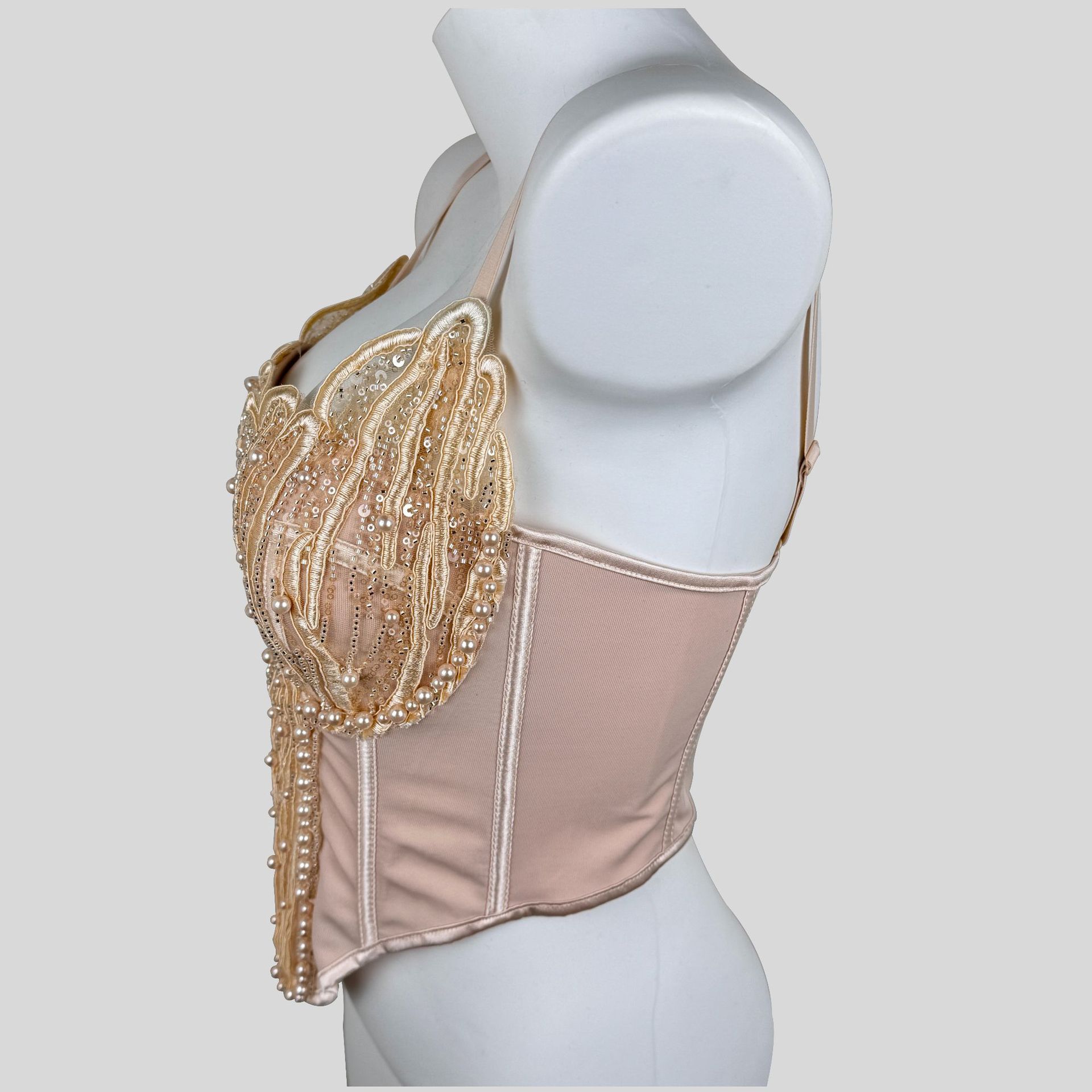 Luxurious and Sophisticated Evening Stage Performance Camisole Top with Heavy Lace Appliqué, Embroidery, Beading, and Shapewear Corset