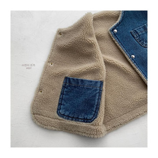 Autumn and Winter Double-sided Children's Korean Style fleece-lined Thickened Baby Warm All-match Vest Trendy Denim Vest Jacket for Boys and Girls