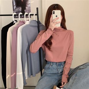 Autumn and Winter new pure color double-sided velvet half turtleneck wooden ear bottoming shirt women's long sleeve slim fit inner warm top