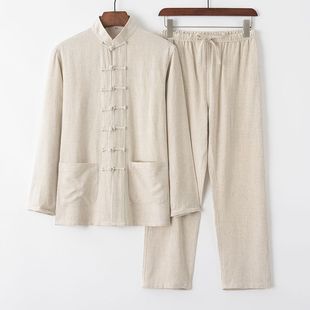 Cotton Linen Tang Suit Men's Chinese Long-sleeved suit Chinese Style Summer Thin Buckle Loose Chinese Tai Chi Suit for Middle-aged and Elderly