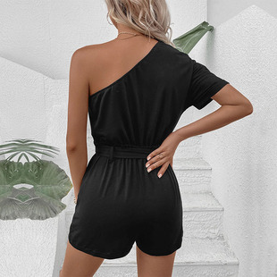 Amazon independent station Foreign trade 2024 Summer new European and American women's cross-border casual one-shoulder solid color jumpsuit shorts