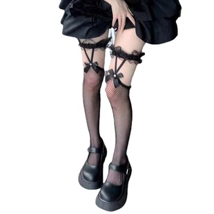 Black Garter Sexy Lace Leg Ring Bow Over-the-Knee Fishnet Stockings Summer Ultra-Thin Jk White Hare Socks for Women