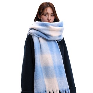 Scarf Winter Women's High-end Sense 2024 New Mohair Black and White Plaid Korean Style Couple Warm Thickened Scarf Fashion