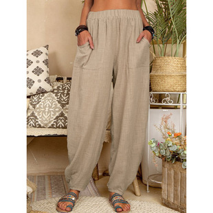 European and American Foreign Trade Women's New Amazon wish Solid Color Loose Cotton and Linen Casual Pants Home Harlan Pants