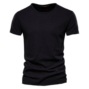 Summer Cross-border Men's New Solid Color Slub Cotton V-neck Short-sleeved T-shirt Pure Cotton Hot Selling European and American Foreign Trade Men's Wear