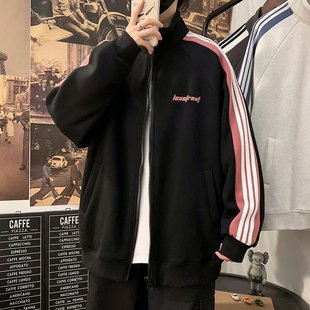 Men's Sweater Autumn and Winter Loose Fashionable Student Sports Baseball Suit Fashionable Brand Fleece-Lined Thickened Cardigan Stand Collar Jacket
