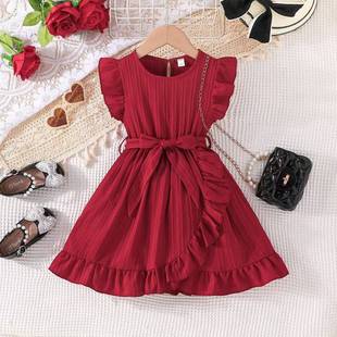 Children's clothing Solid Color Wave Sleeve Round Neck Ruffled dress with Belt