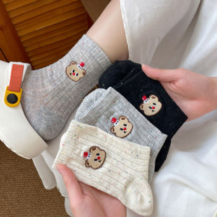 Japanese Style Solid Color Point Yarn Short Thin Socks Women's Korean Style Cute Embroidered Bear Breathable Cotton Socks Zhuji Women's Socks