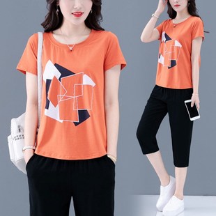Casual Fashion Suit Women's 2022 Summer New Korean-style Short-sleeved Capri Pants Two-piece Sportswear for Chubby Girls