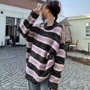 2024 Autumn and Winter New American Style Retro Design Sense Striped Lazy Style Loose Knitted Sweater for Women