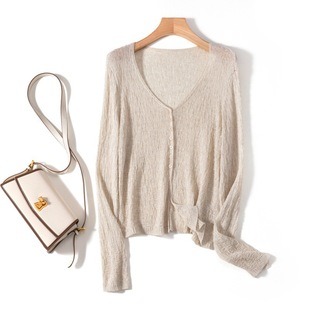Summer Thin Hollow Sunscreen Knitted Cardigan Women's V-Neck Loose Slimming Korean Style Thin Jacket Simple G041724