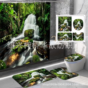 Cross-border European-style Pastoral Garden Street Landscape Flower Shower Curtain Four-piece Printed Polyester Waterproof Shower Curtain with Hook