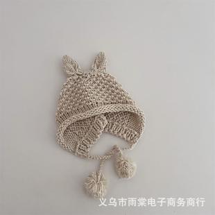 2023 Winter new children's cute rabbit ears handmade knitted hat boys and girls baby warm ear protection wool hat