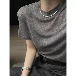 High-grade Grey Round Neck Short-sleeved T-shirt Women's Summer Thin Korean-style Fashion Fine Imitation Wool Knitted Elegant Top