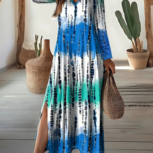 AliExpress Amazon Foreign Trade Cross-border 2025 New Casual Joker Geometric V-Neck Long Sleeve Dress WD25