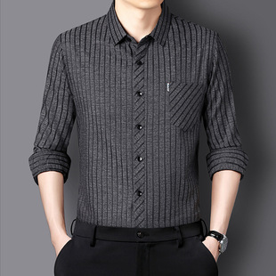 Mulberry Silk Long-sleeved Shirt Men's Autumn New Striped Shirt for Middle-aged and Elderly Real Pocket Lapel Loose Dad's Clothes
