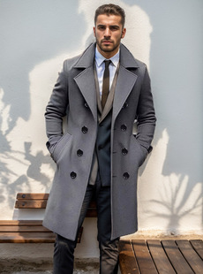 2024 Foreign Trade Autumn and Winter Thickened Cross-border Mid-length Double-breasted Men's Wool Jacket Slim-fit Wool Coat European Size