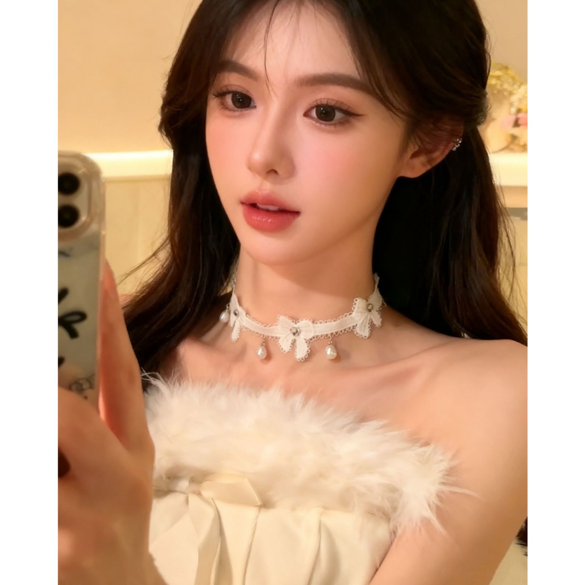 Sweet Ballet Style Bow Pearl Tassel Necklace Choker Collar Women's French Romantic Atmosphere Clavicle Chain