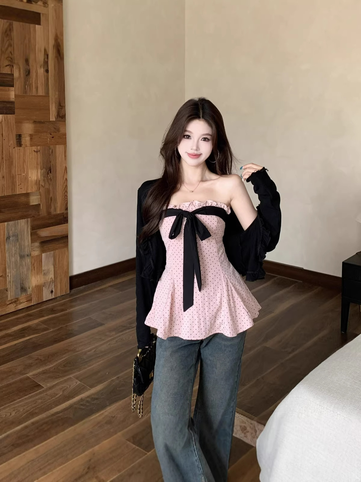 Plus-Size Women's Clothing for Slightly Chubby Girls, New Summer Style American Retro Polka Dot Pink Tube Top