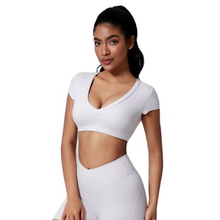 Amazon Spring and Summer New Sanding Tight Short T Deep V Shaped Back Hollow Sexy Short Open Waist Sports Short Sleeves