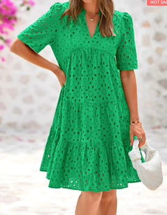 2025 summer Amazon AliExpress explosion V-neck short sleeve hollow lace A- line skirt sweet dress