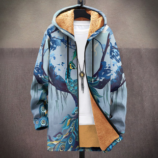 European and American Autumn and Winter Cotton Clothing European and American Outdoor Zipper Multi-Pattern British Velvet 3D Printed Hooded Cardigan Flap Pocket Pants Export