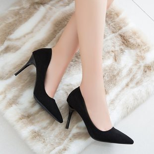 High Heels for Women with Fat Feet and Wide Feet 6-8cm High Heels Apricot Suede Student Etiquette Formal Wear Stiletto Mid-Heel Single Ol3