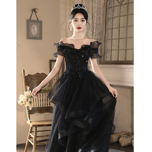 Black Evening Dress 2024 New Style One-Shoulder Elegant Birthday Banquet French Host Art Test Adult Dress