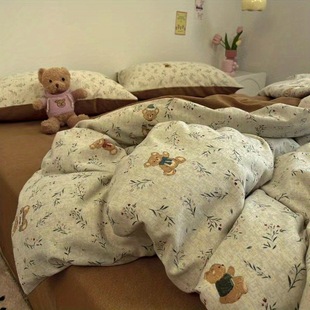 Dormitory Three-piece Quilt Cover Style Japanese Bed Sheet Winter Four-piece Double Contrast Color Washed Cotton Style Bedding