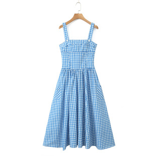 French Style Blue and White dress Women's 2024 Summer New High-end Elegant Spice Girl Square Collar Waist A- line Long Dress