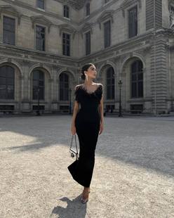 Design sense niche dress new stunning chic feather sense sleeveless bandage long back slit waist slimming