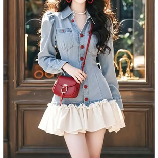 French Design Sense Stitching Denim dress Women's 2025 Spring New Waist Slimming Short Skirt Fashion Women's Clothing