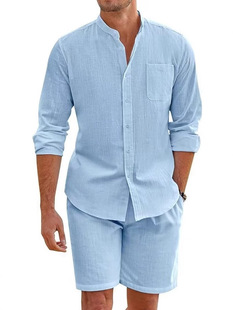 2025 Amazon Explosions Men's Two-Piece Cotton and Linen Comfortable Button-Up Shirt Long-Sleeved Shorts Simple Casual Beach Wear