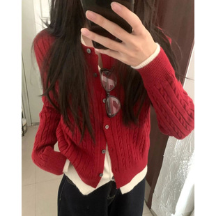 Stitching Fake Two-Piece Twist Knitwear Women's Sweater Coat Spring and Autumn Slimming High-Level All-Match Red Cardigan Top