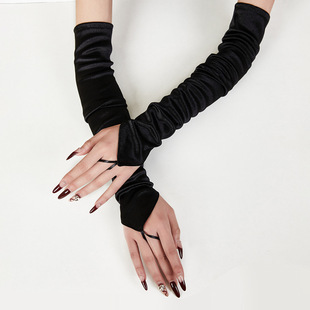 Retro European and American satin hook finger gloves long nylon sexy wedding gloves cos performance etiquette gloves
